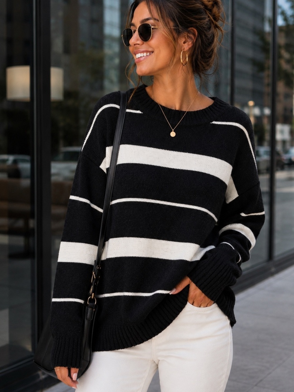 New! Sanctuary Black & White Striped Crewneck Sweater Oversized